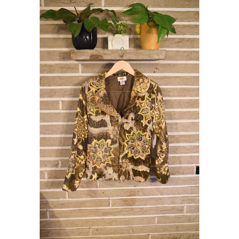 Sandy Starkman Beaded Jacket Blazer Boho Artsy Art wear M Gold Brown Lagenlook